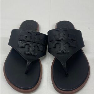 Tory Burch Black Leather Logo Thong Sandals with Brown Trim